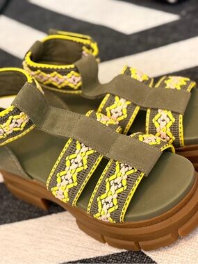 UGG Olive Green Yellow Braided Platform Sandals